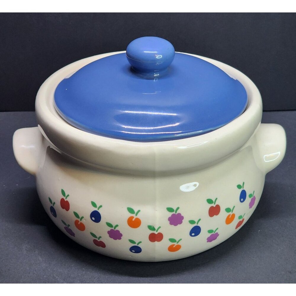 Vintage 1984 New Avenues Berry Veggie Orchard Crock with Lid Ceramic 6" Tall